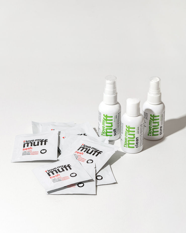 MUFF CARE KIT GREEN 2oz Best sensitive skin natural pH balanced cruelty-free vegan nontoxic feminine intimate vulva cleanser wash lotion spray and wipes. Non-drying hypoallergenic clean self-care products hygiene menstrual period personal cleansing for post-waxing sugaring shaving hair removal after intimacy work out and exercise vaginal health female-founded hormone-free postpartum relieve itching reduce odor soothe chafing ease menopausal discomfort minimizes irritation razor bumps ingrown hairs dryness