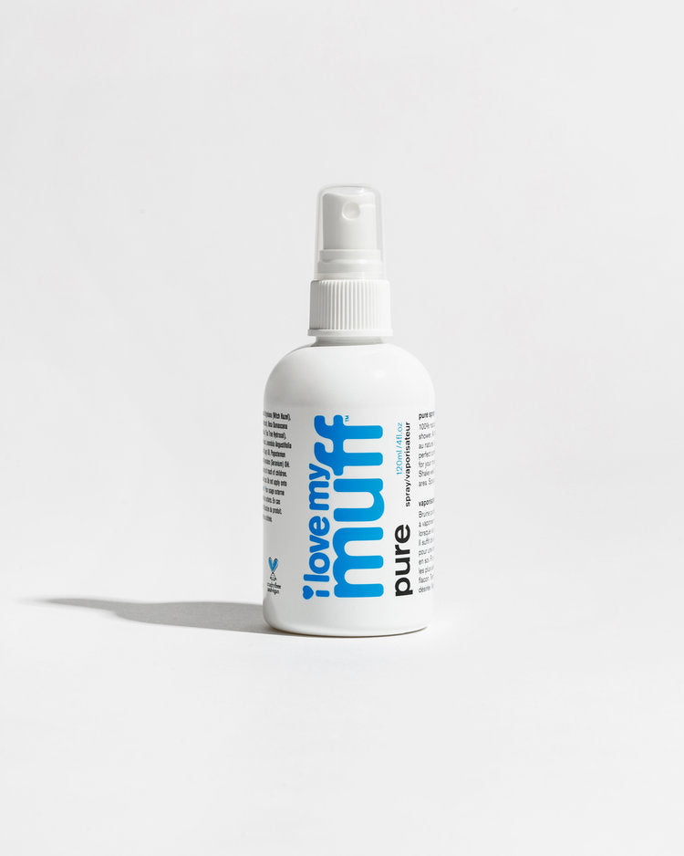 I Love My Muff PURE SPRAY BLUE 4oz bottles Best sensitive skin natural pH balanced cruelty-free vegan nontoxic feminine intimate spray and vulva lotion. Non-drying hypoallergenic clean self-care products hygiene menstrual period personal cleansing for post-waxing sugaring shaving hair removal after intimacy work out and exercise vaginal health female-founded hormone-free postpartum relieve itching reduce odor soothe chafing ease menopausal discomfort minimizes irritation razor bumps ingrown hairs dryness