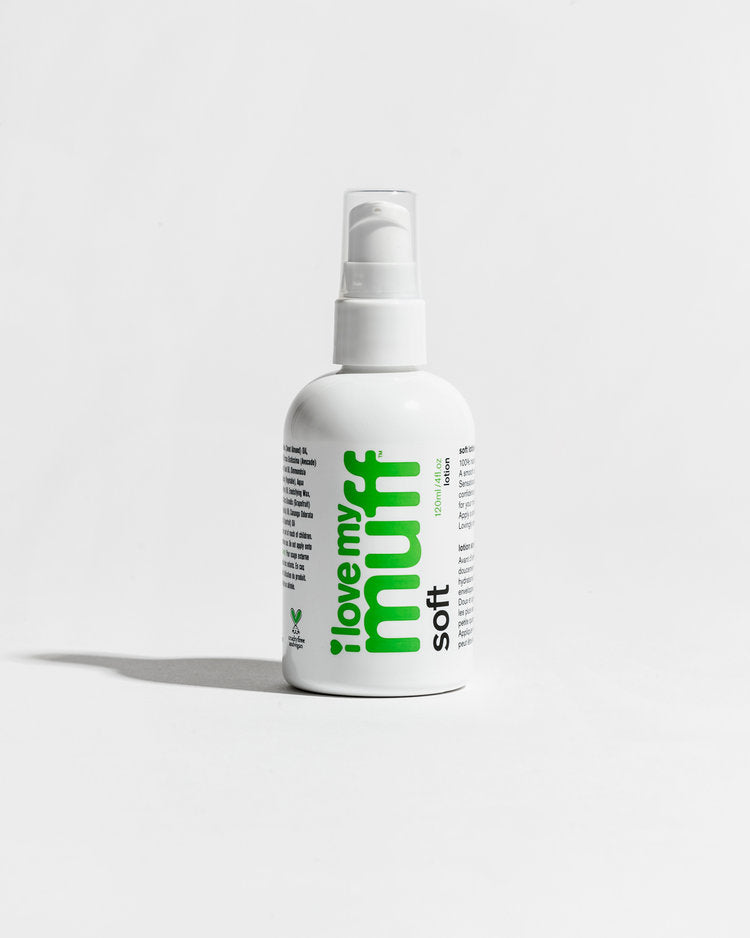 I Love My Muff SOFT LOTION GREEN 4oz bottle Best sensitive skin natural pH balanced cruelty-free vegan nontoxic feminine intimate care vulva lotion. Non-drying hypoallergenic clean self-care products hygiene menstrual period personal cleansing for post-waxing sugaring shaving hair removal after intimacy work out and exercise vaginal health female-founded hormone-free postpartum relieve itching reduce odor soothe chafing ease menopausal discomfort minimizes irritation razor bumps ingrown hairs vulva dryness