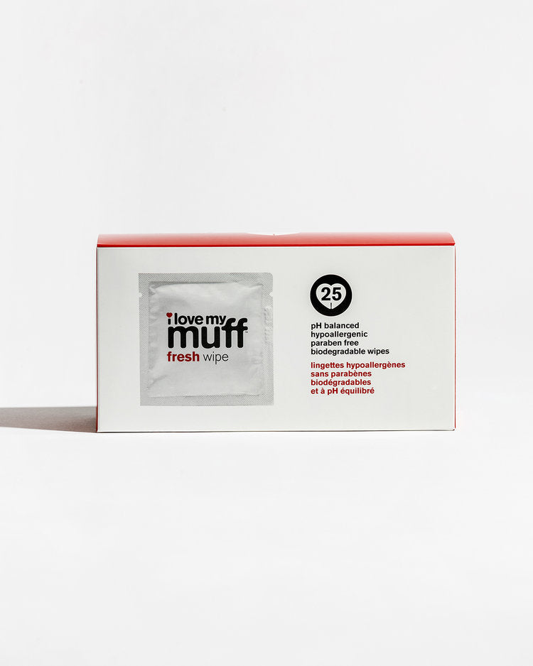 I LOVE MY MUFF FRESH WIPES 25 PACK Best sensitive skin natural pH balanced cruelty-free vegan nontoxic feminine intimate cleansing biodegradable individually wrapped vulva wipes. Non-drying hypoallergenic self-care products hygiene menstrual period care post-waxing sugaring shaving hair removal after intimacy work out and exercise vaginal health female-founded hormone-free postpartum relieve itching reduce odor soothe chafing ease menopausal discomfort minimizes irritation razor bumps ingrown hairs dryness 